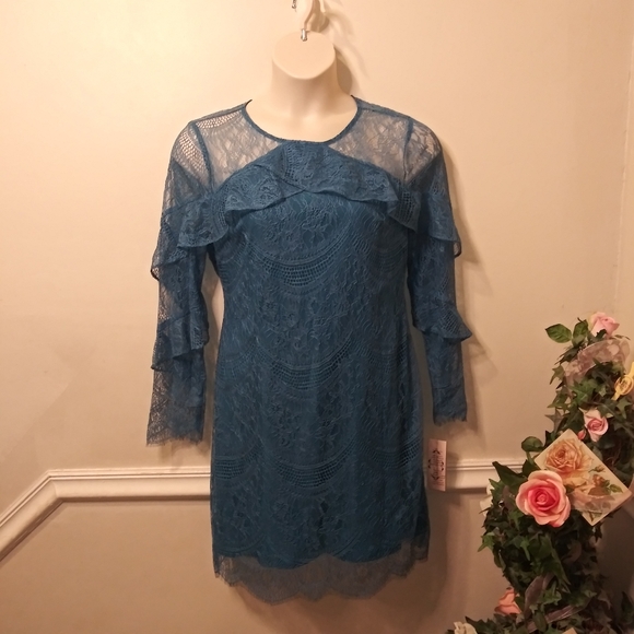 Nanette Lepore Dragonfly Teal "Poetic Love" Special Occasion Lace Dress - Picture 3 of 9